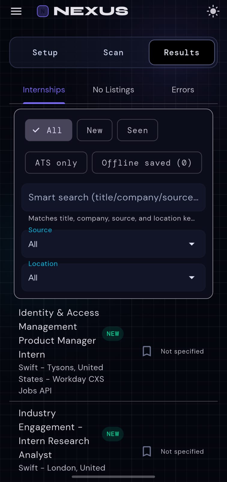 NEXUS Results screen
