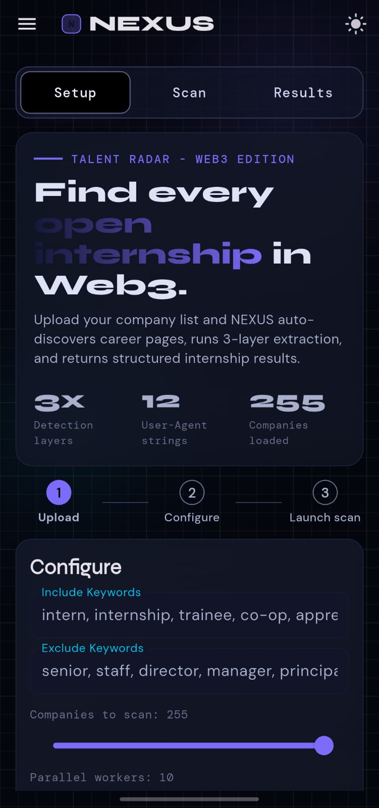 NEXUS Setup screen